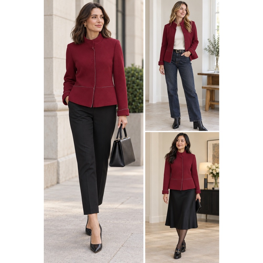 Motivi Jacket Womens Medium Burgundy Red Textured Knit Funnel Neck Made In Italy